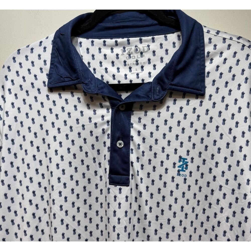 IZOD Golf Polo Shirt Mens L Pineapple Print Active Stretch Tennis Collared Logo